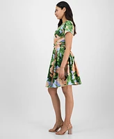 Tahari Petite Floral Belted Pleated Short-Sleeve Dress