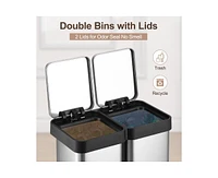 Dual Trash Can, Stainless Steel 2 x 6.5 Gal (2 x 25L) Garbage Can, Double Steel Pedal Recycle Bin with Lid and Inner Buckets, Rectangular Hands-Free K