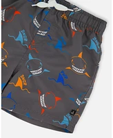 Deux par Boy Printed Boardshorts Orange, Red, And Blue Sharks On Gray - Toddler|Child