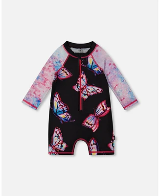 Deux par Girls Printed Long Sleeve One-Piece Rashguard Black And Multicolored Butterflies