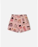 Deux par Toddler Girls Printed French Terry Short Pink And Coral Houses - Toddler|Child