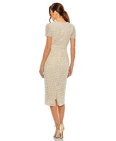 Mac Duggal Women's High Neck Short Sleeve Embellished Dress