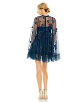 Mac Duggal Women's Embellished Long Flare Sleeve Mesh A-Line Dress
