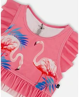 Deux par Girls Printed Two-Piece Swimsuit With Frills Candy Pink And Flamingo