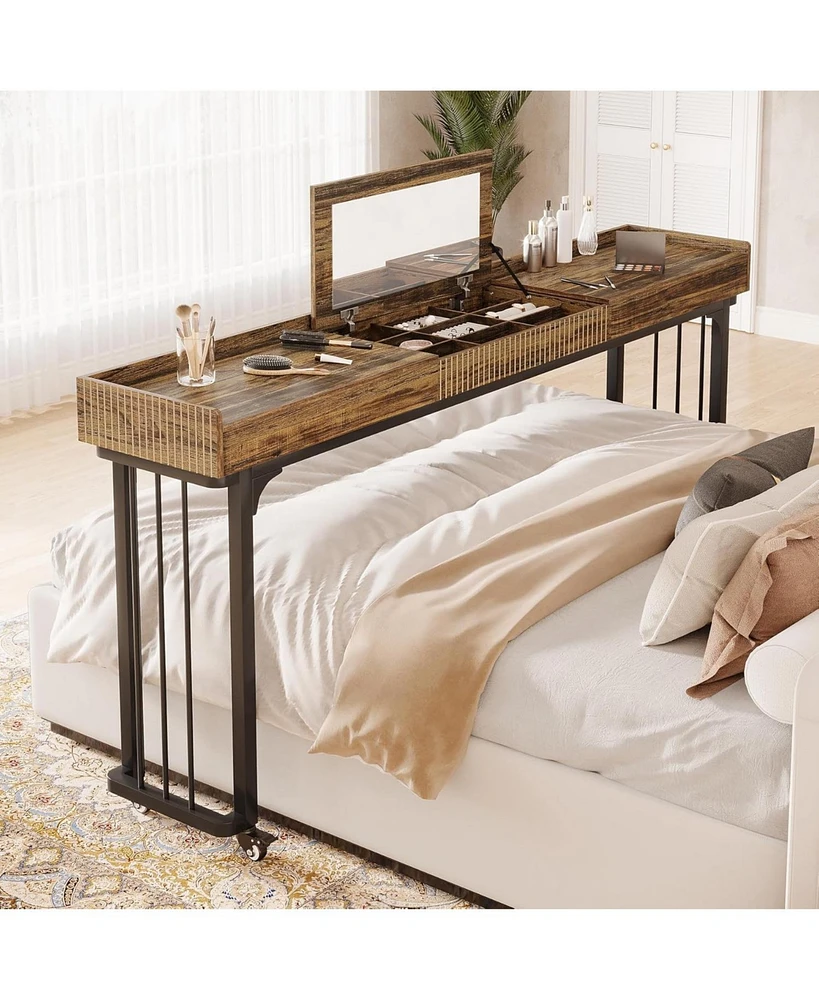 Tribesigns Overbed Table with Wheels, Mobile Computer Desk Makeup Vanity Desk with Storage, Standing Laptop Cart, Over Bed Makeup Table with Mirror, V