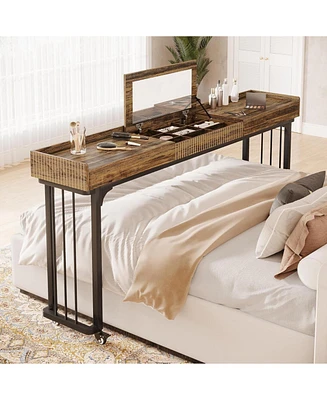 Tribesigns Overbed Table with Wheels, Mobile Computer Desk Makeup Vanity Desk with Storage, Standing Laptop Cart, Over Bed Makeup Table with Mirror, V
