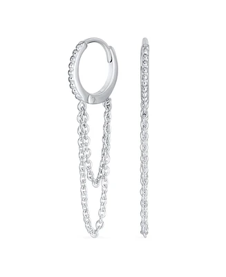 Bling Jewelry Trendy Dainty Cz Hoop Earrings with Pave Accent and Double Chain in Sterling Silver