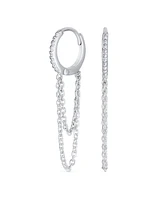 Bling Jewelry Trendy Dainty Cz Hoop Earrings with Pave Accent and Double Chain in Sterling Silver