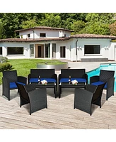 8PCS Patio Rattan Furniture Conversation Set Cushion Sofa Table Garden