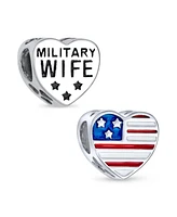 Bling Jewelry Heart Shape Usa Flag Military Wife Charm Bead Sterling Silver for Bracelet