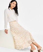 Anne Klein Womens Collared Button Front Shirt Pull On Lace Midi Skirt