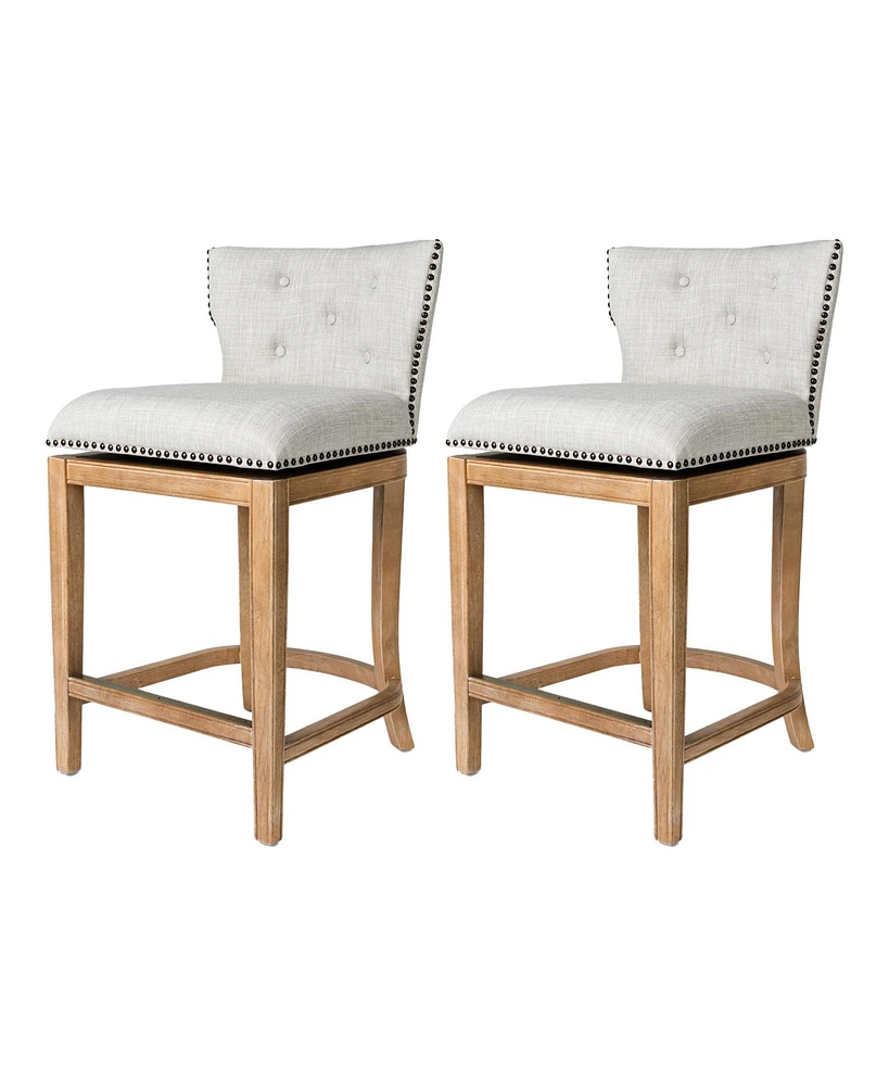 Maven Lane Hugo Counter Stool, Weathered Oak w/ Sand Fabric Upholstery, Set of 2