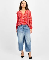 Liverpool Los Angeles Petite Mixed-Print Button-Front Blouse