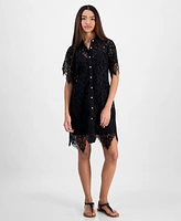 Juniors' Lace Button-Front Short-Sleeve Shirtdress