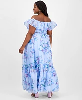 B Darlin Trendy Plus Off-The-Shoulder Floral-Print Gown