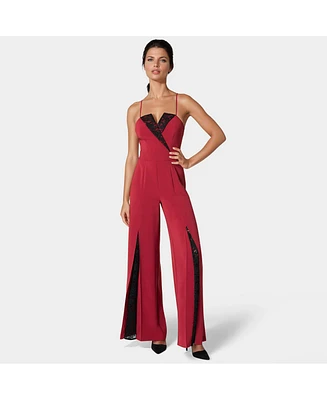 Bebe Women's Tuxedo Lace Combo Ultra Wide Leg Jumpsuit