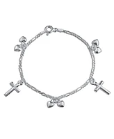 Bling Jewelry Christian Religious Multi Dangling Hearts Cross Charm Bracelet Polished .925 Sterling Silver