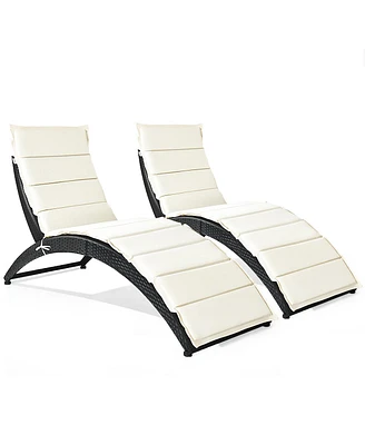2PCS Folding Patio Rattan Lounge Chair Chaise Cushioned Portable Garden