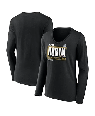 Fanatics Women's Black Baltimore Ravens 2024 Afc North Division Champions Conquer Long Sleeve V-Neck T-Shirt