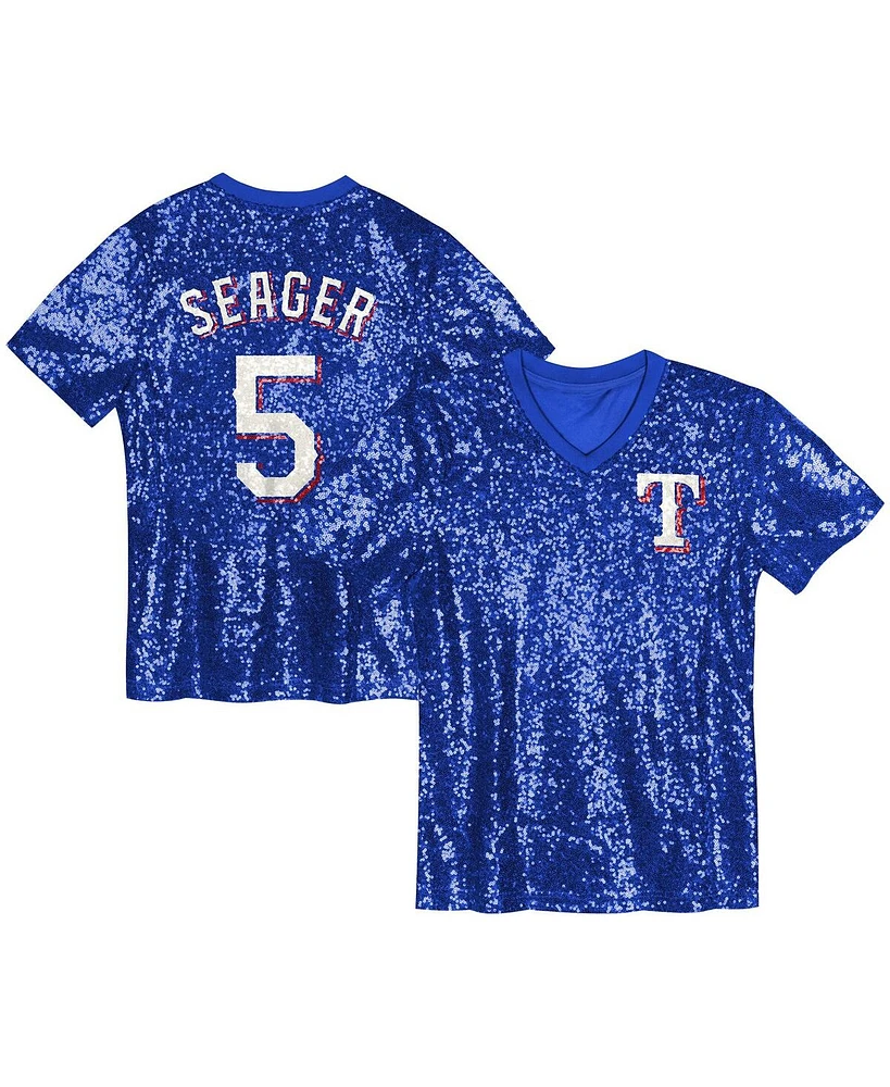 Outerstuff Big Boys and Girls Corey Seager Royal Texas Rangers Name Number Sequin V-Neck Top