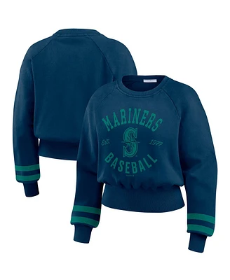 Wear by Erin Andrews Women's Navy Seattle Mariners Vintage Washed Cropped Pullover Sweatshirt