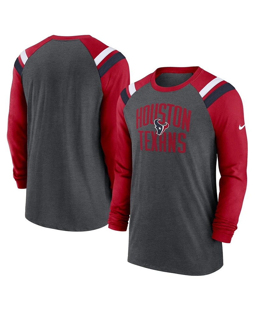 Nike Men's Heathered Charcoal Houston Texans Tri-Blend Raglan Athletic Long Sleeve Fashion T-Shirt