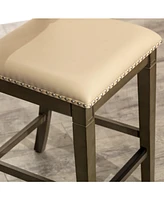 24" Counter Height Farmhouse Stool, Leather Seat, Rustic Upholstered Kitchen Stool (1PK)-The Pop Home