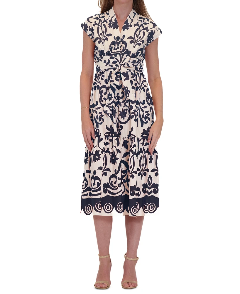 Donna Ricco Women's Printed Belted Fit & Flare Dress