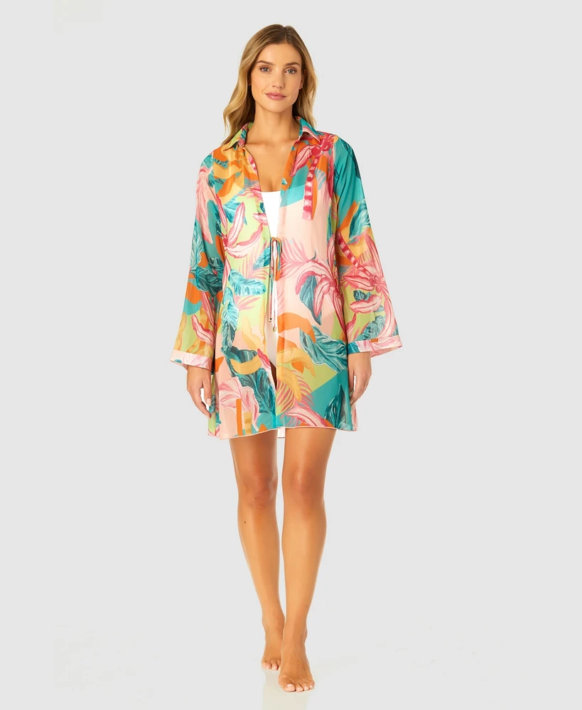 Ibiza Anne Cole Women's Bell Sleeve Tie Front Cover-Up Dress