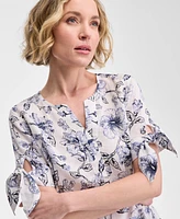 Charter Club Women's Hibiscus Garden 100% Linen Tie-Sleeve Top, Exclusively at Macy's