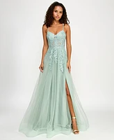 Say Yes Juniors' Embroidered Applique Side-Slit Ball Gown, Created for Macy's