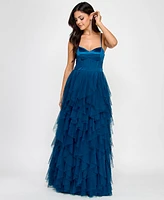 City Studios Juniors' Sweetheart-Neck Ruffled Cascade Gown