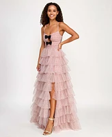 City Studios Juniors' Ruffled Side-Slit Bow-Trim Ball Gown