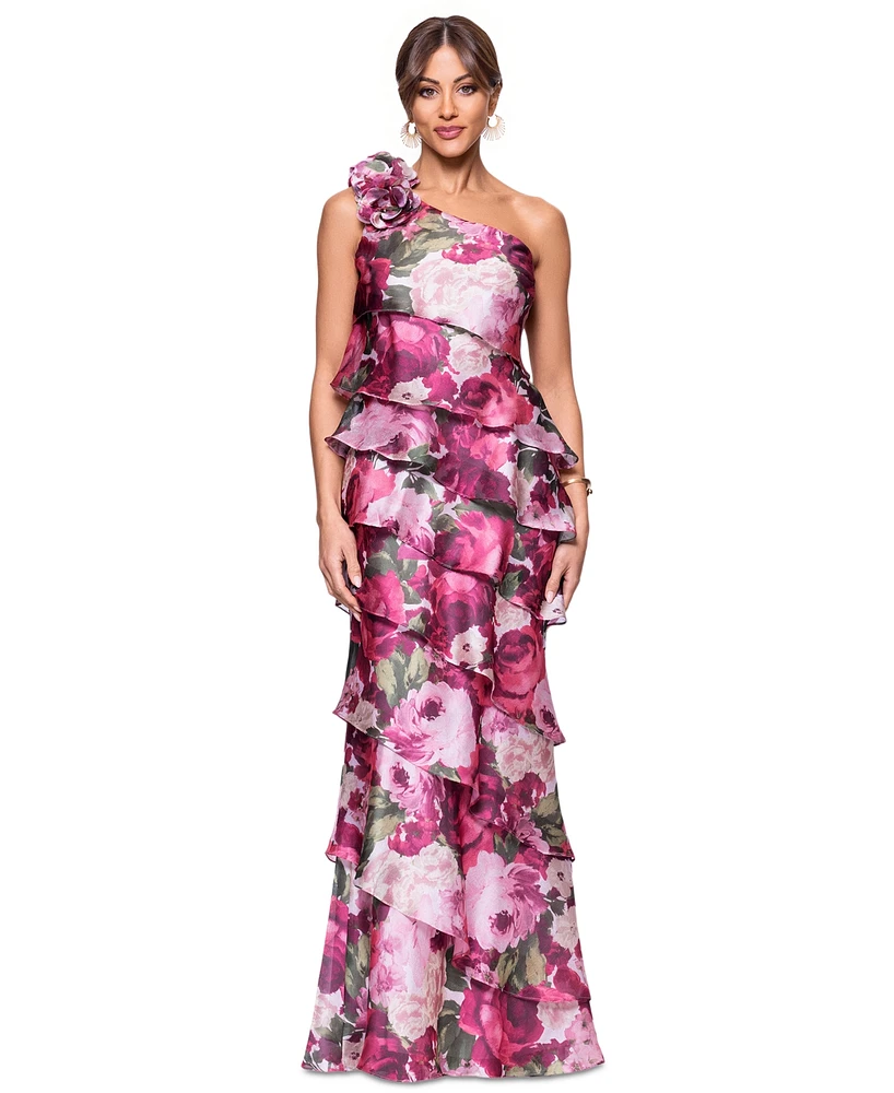 Xscape Women's Floral-Print Tiered One-Shoulder Gown