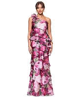 Xscape Women's Floral-Print Tiered One-Shoulder Gown