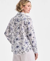 Charter Club Women's 100% Linen Floral-Print Roll-Tab Shirt, Exclusively at Macy's