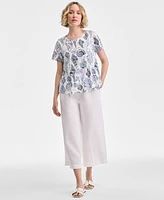 Charter Club Women's Printed Crewneck Short-Sleeve Linen-Blend Top, Exclusively at Macy's