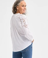 Style & Co Petite Long-Sleeve V-Neck Embroidered Top, Exclusively at Macy's