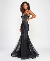 City Studios Juniors' Studded Mesh-Waist Evening Gown