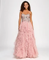 City Studios Juniors' Embroidered Sequined Ruffled Ball Gown, Created for Macy's