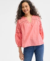 Style & Co Women's Cotton Embroidered 3/4-Sleeve Top, Exclusively at Macy's