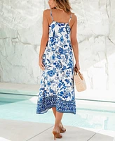 Women's Indigo Florals Scoop Neck Cover-Up Maxi Beach Dress