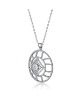 White Gold Plated with Clear Cubic Zirconia Geometric Halo Pendant Necklace