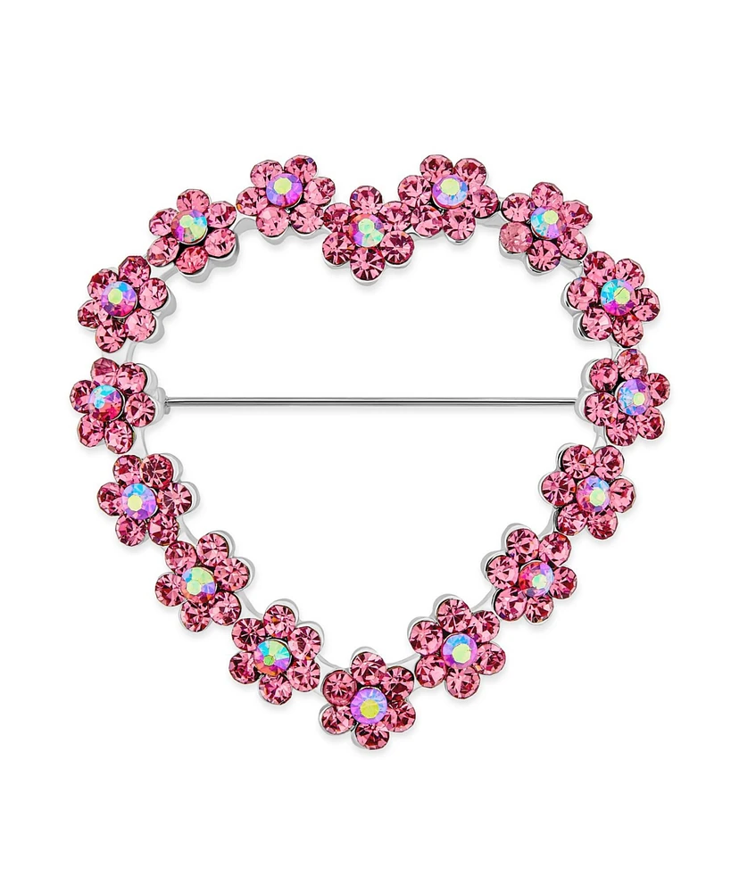 Bling Jewelry Romantic Pink Crystal Heart Flower Brooche Pin Rhodium Plated Alloy