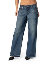 Edikted Womens Davis Grommet Low Rise Jeans