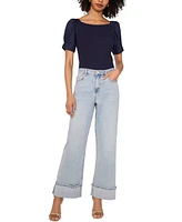 1.state Women's Mixed-Media Puff-Sleeve Top