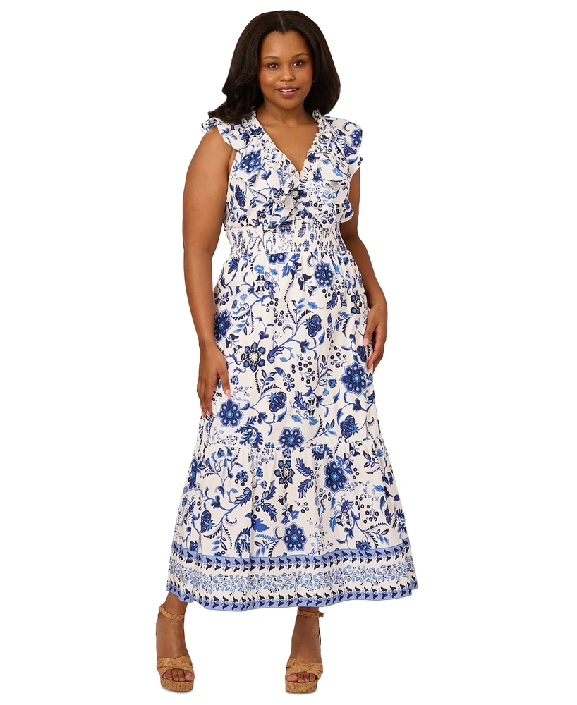 Adrianna Papell Plus Floral-Print Ruffled Maxi Dress