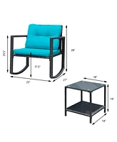 Gymax 3PCS Rattan Rocking Chair Table Set Patio Furniture Set w/ Cushions