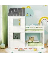 Wooden Bunk Bed with Full-length Safety Guardrail and Ladder