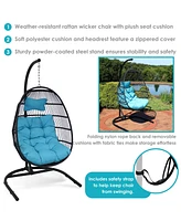 Julia Hanging Egg Chair with Red Cushions - Black Polyethylene Wicker Frame with Steel Stand - 76 Inches Tall